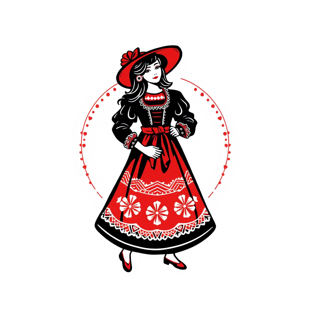 Main logo studio: Stwórz kolorowe, radosne logo na białym tle dla „KGW Krzemieniew”. Polski folklor inspirowany wzorami łowickimi. Dodaj stylizowaną wiejską kobietę w c