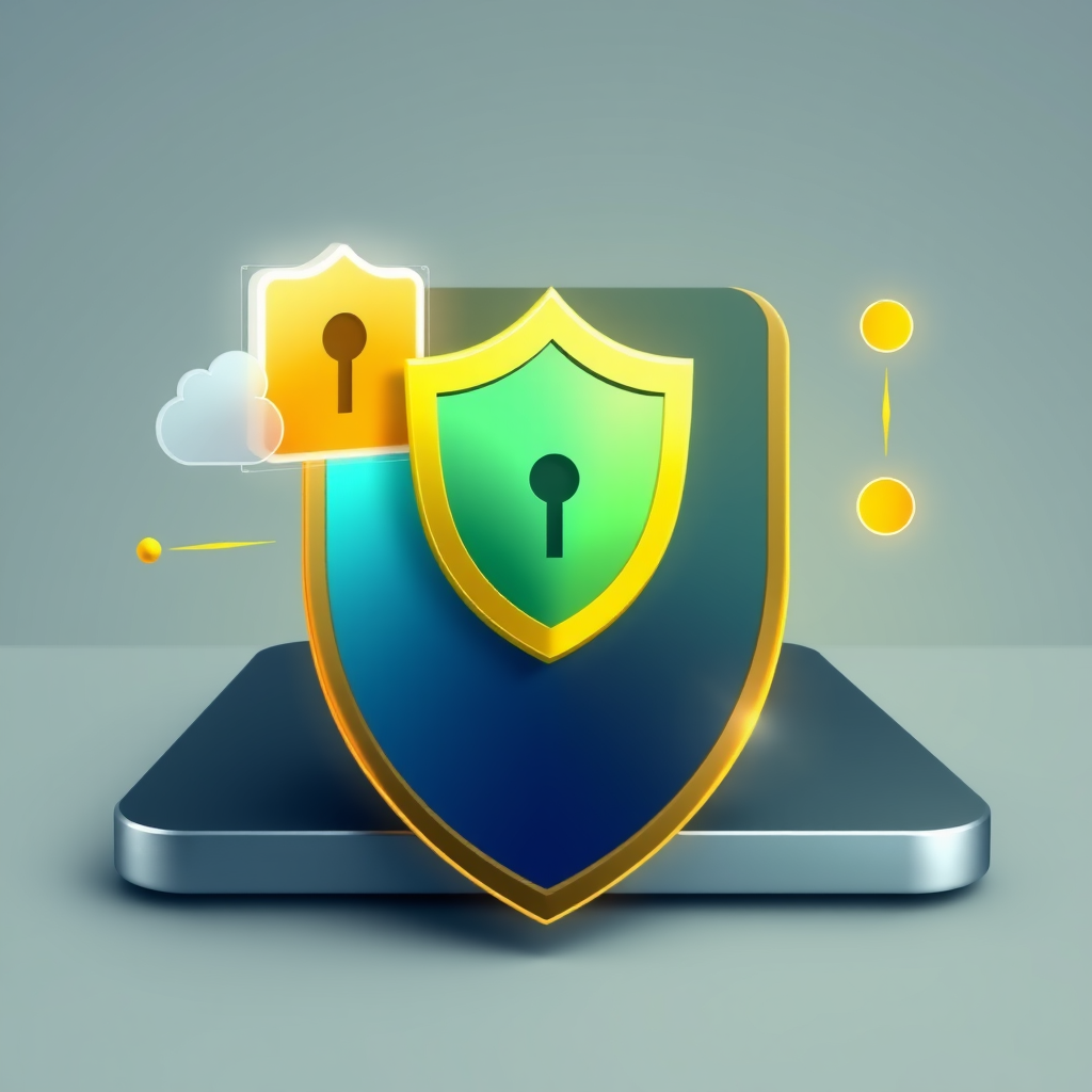 Main logo studio: APP che fa da scanner alle applicazioni, fa da firewall, da vpn interna, e crea black list url. In stile moderno, con colori cromati e oro