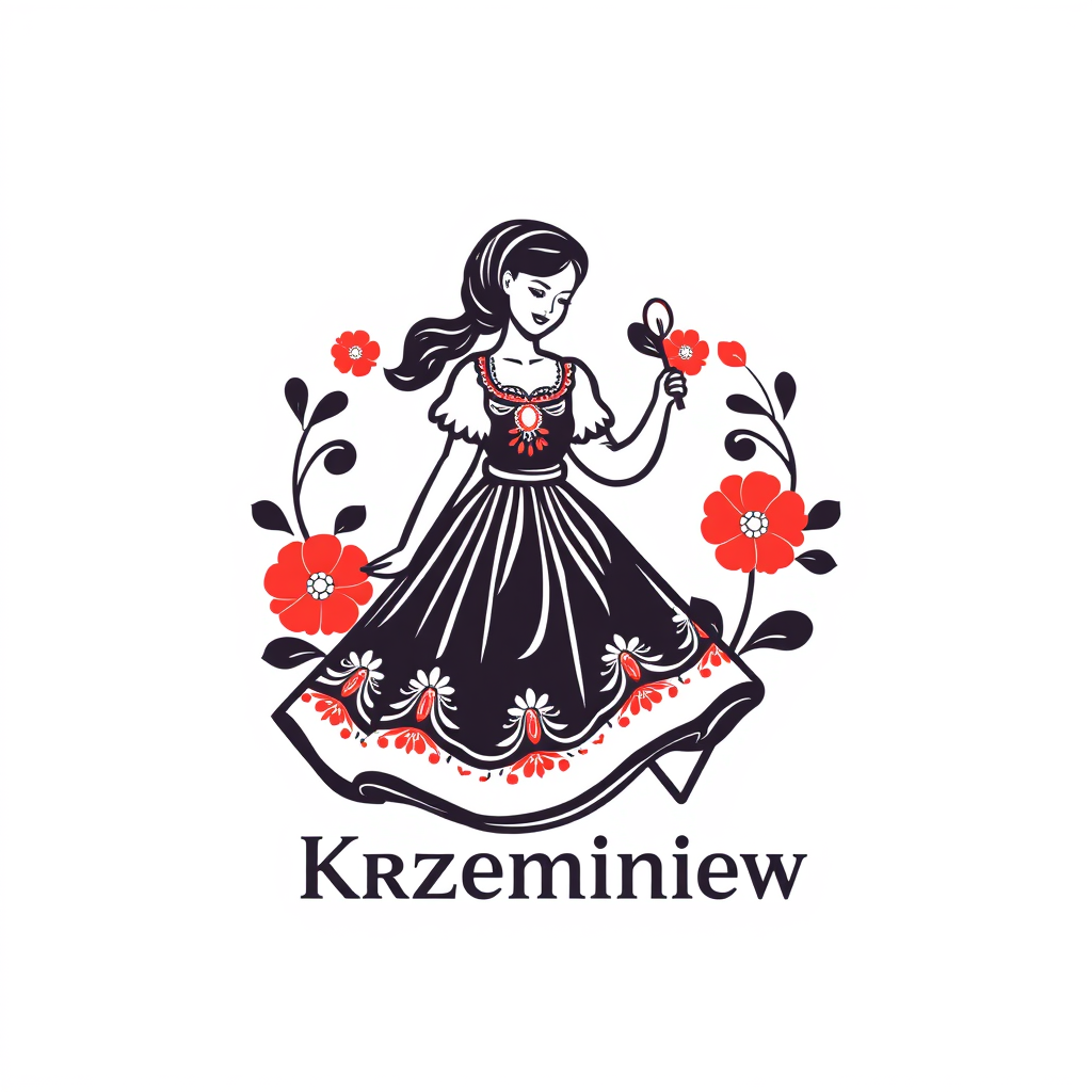 Main logo studio: Stwórz kolorowe logo dla „KGW Krzemieniew”. Polski folklor inspirowany wzorami łowickimi. Dodaj stylizowaną wiejską kobietę w czarnej spódnicy w czerw