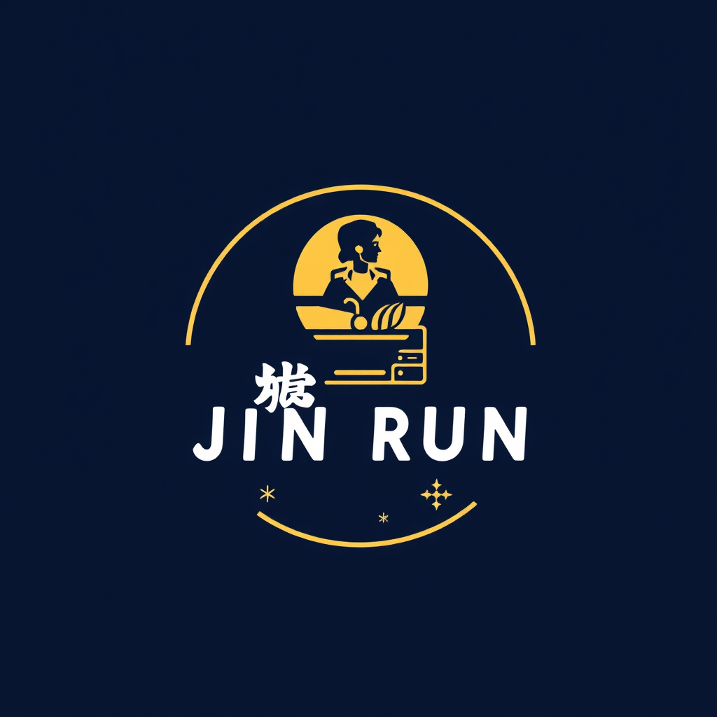 Main logo studio: 金润 JIN RUN FOODS logo background in navy blue make it round logo food shop with a human profile icon in it