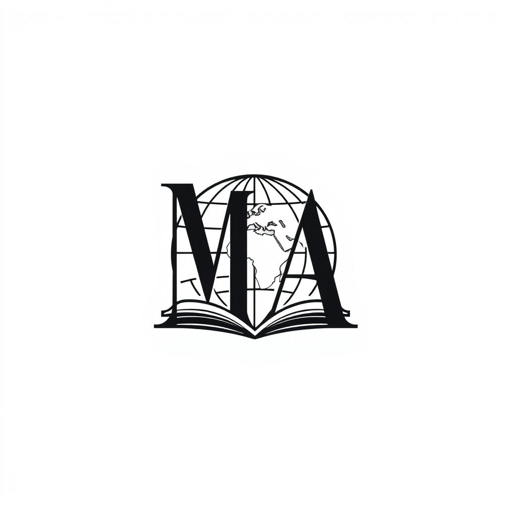 Monogram Logo idea: monogram logo combining the letters Elegant MA monogram logo with a globe and open-page elements incorporated into the letters. Keep the initials clea
