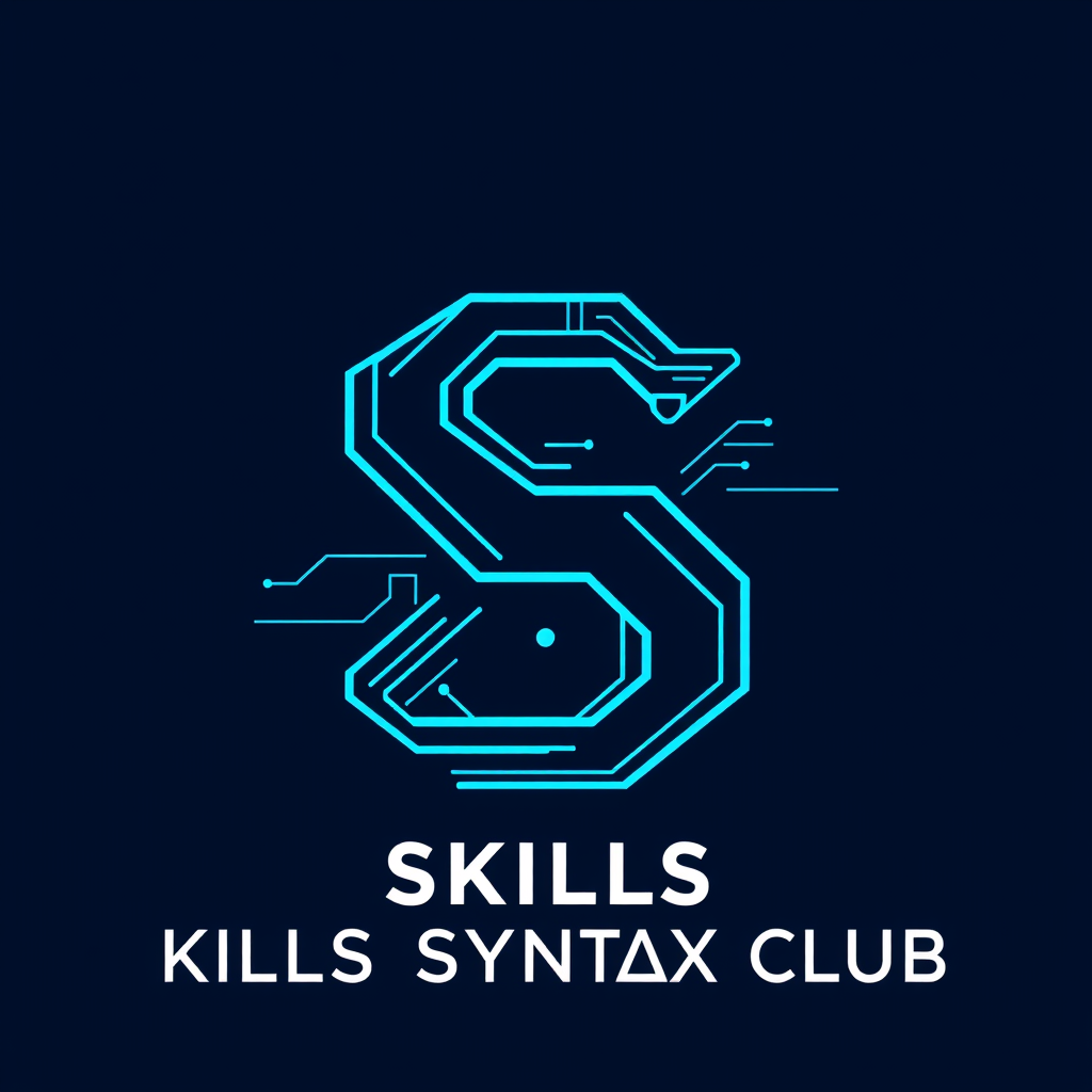 Main logo studio: Create a premium futuristic logo for Skills Syntax Club. Create a bold abstract S using flowing digital circuit lines, code brackets { }, and a subtle