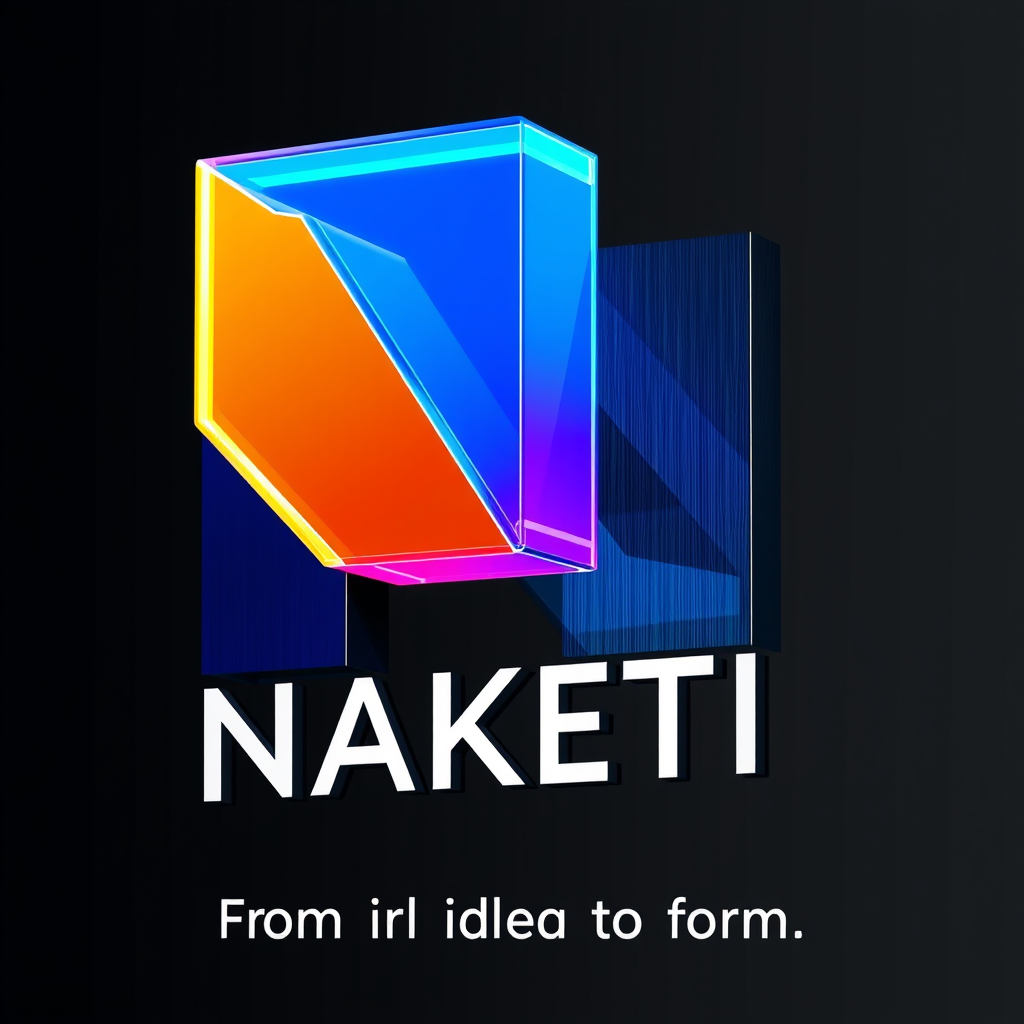 Main logo studio: A professional logo for an outdoor advertising factory named "NAKETI". The logo icon is a 3D volumetric letter "N" made of layered materials: glossy v
