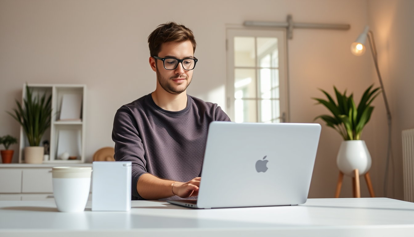 Main logo studio: Young entrepreneur working on a laptop in a minimalist home office, warm natural light, realistic lifestyle stock photo, clean composition, copy space