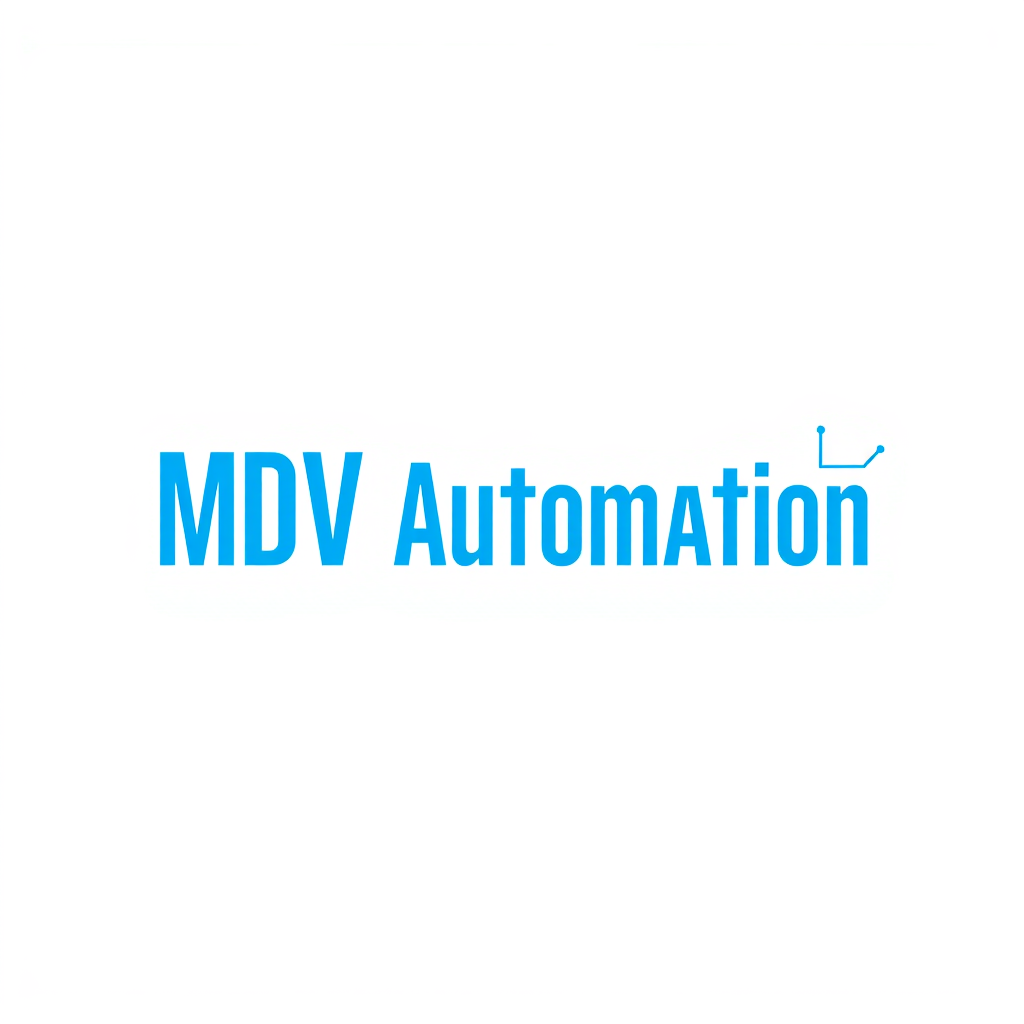 Main logo studio: Create a clean professional logo with the text “MDV Automation” only. Use bold modern blue lettering on a pure white background. Add a simple blue ele