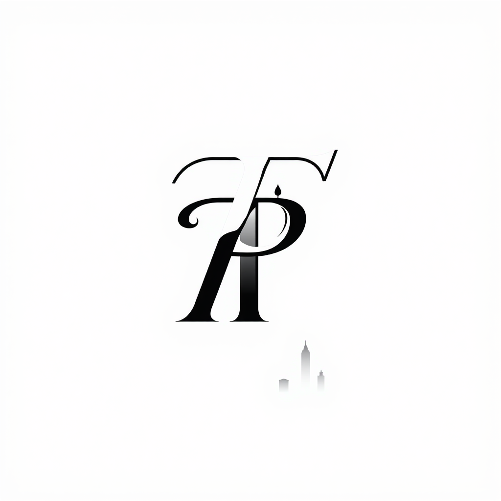 Monogram Logo idea: monogram logo combining the letters P and T logo black and white gaming city skyline night , elegant intertwined letterforms, flat vector logo, center