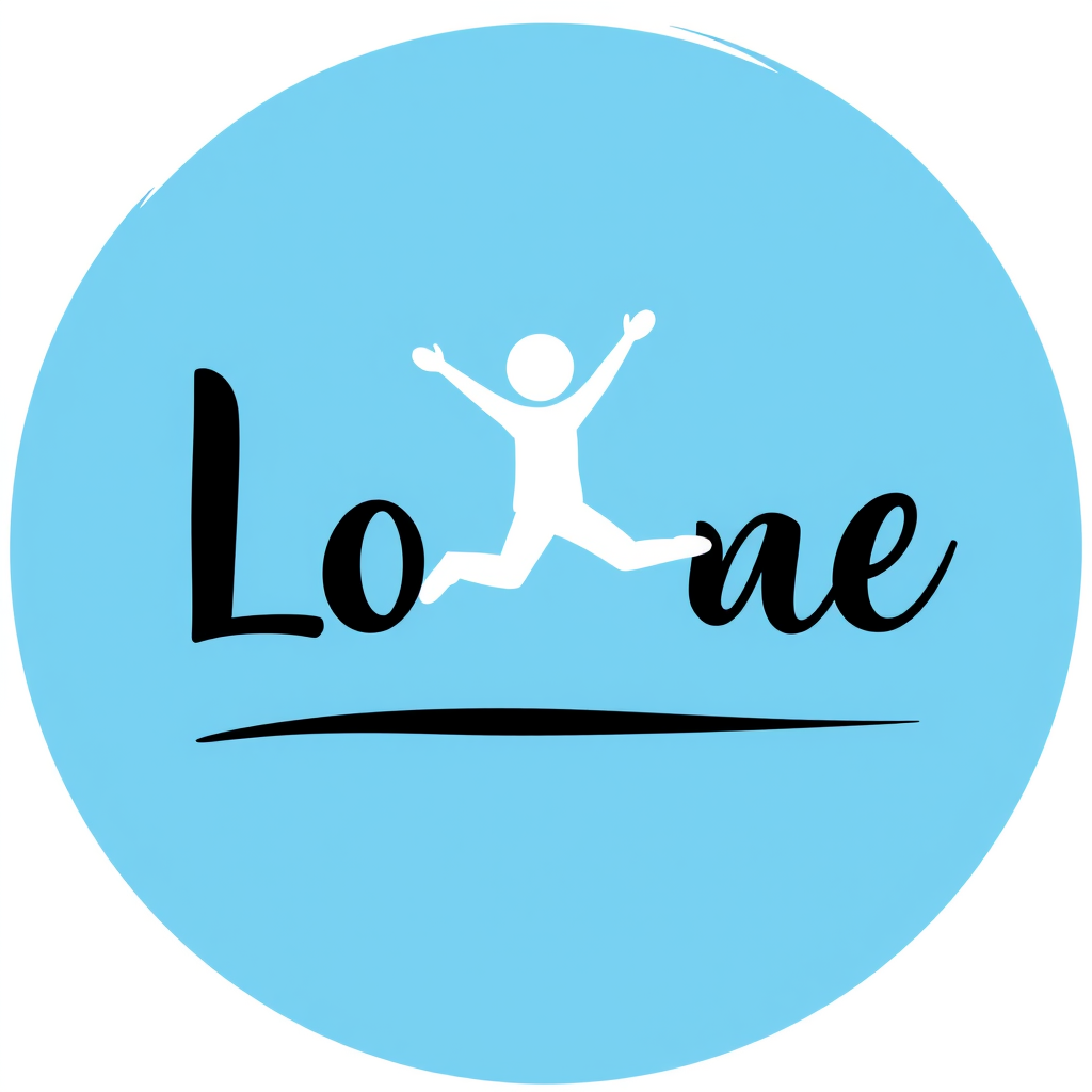Main logo studio: blue circle back round with curved pointed split leaping white figure in the middle with black bold cursive nice letters curved inan arch above the ci