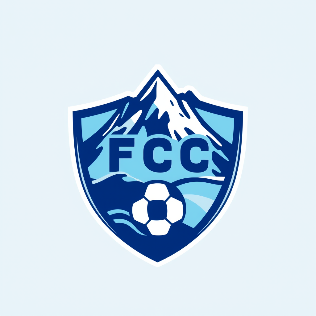 Main logo studio: FC MUZTAU football club logo, mountain and football, blue, light blue and white, professional shield crest, modern powerful design