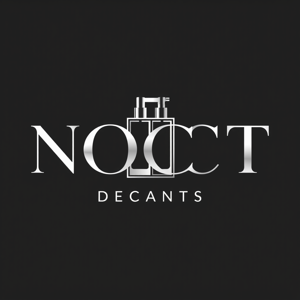 Main logo studio: Create a premium luxury logo for a perfume decant brand called "NOCT DECANTS". Minimalist black background, metallic silver typography, elegant modern