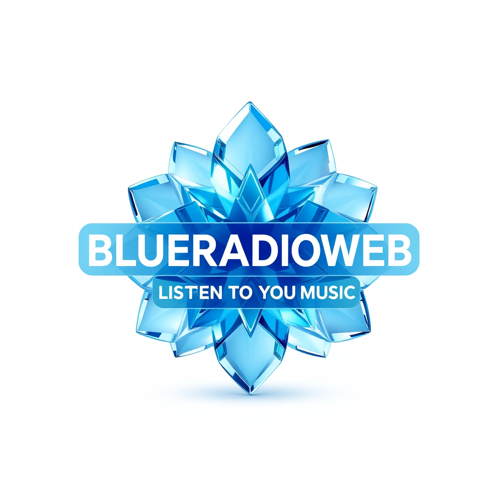 3D Logo idea: 3D logo for BLUERADIOWEB LISTEN TO YOUR MUSIC, a biotech startup, translucent 3D crystal structure, ice blue , three-dimensional render, realistic dep