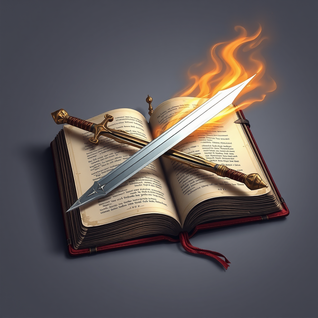 Main logo studio: An open book, lying down. Think of it like a "tome." A thick tome (so many pages.) Medieval aesthetics. Heraldics. I want 1 sword and 1 staff crossed