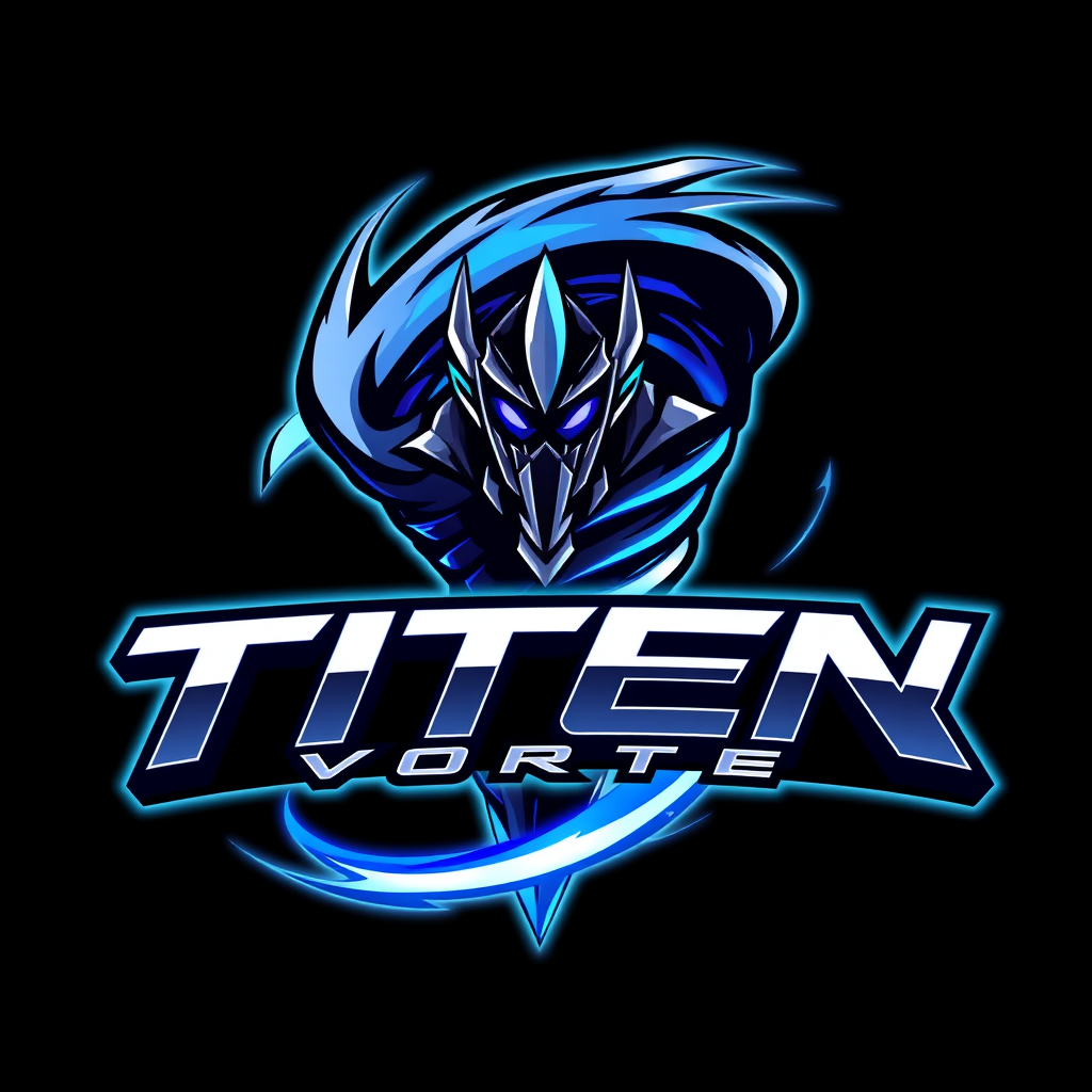 Main logo studio: Legendary luxury esports logo “TITEN VORTEX”. Put an original futuristic warrior emblem INSIDE a powerful swirling tornado. Tornado fully surrounds th