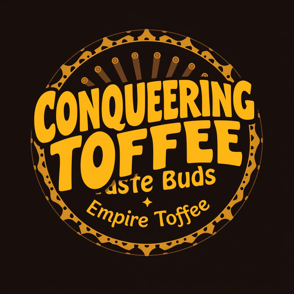 Main logo studio: Funky psychedellic logo with Conquering Your Taste Buds as the prominant text, smaller text Empire Toffee. Color scheme Gold and Black. Make it a squa