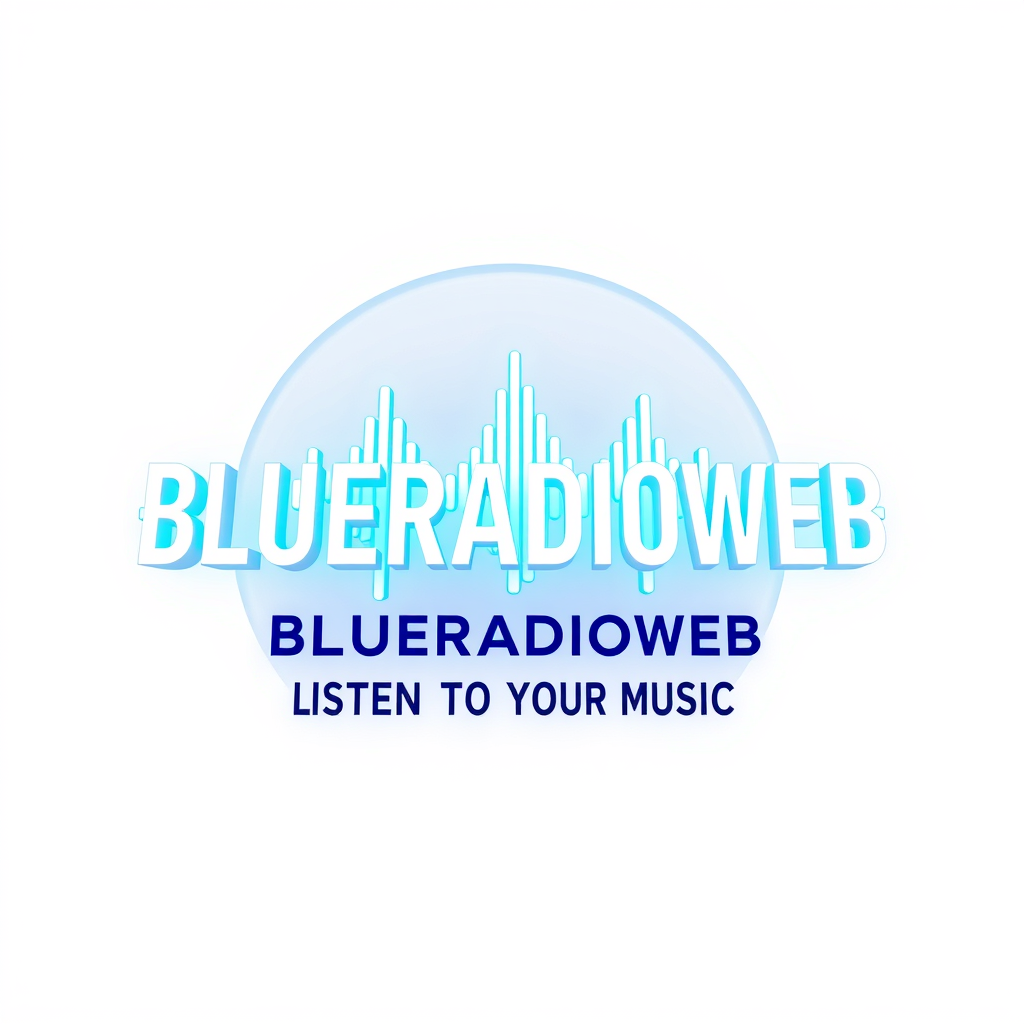 3D Logo idea: 3D logo for BLUERADIOWEB LISTEN TO YOUR MUSIC a music tech brand, 3D sound wave form, neon whie blue glow , three-dimensional render, realistic depth 