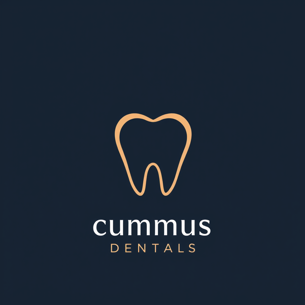 Main logo studio: "Minimal luxury dental clinic logo, tooth symbol, dark navy and warm beige, clean premium typography, brand name: cummus dentals