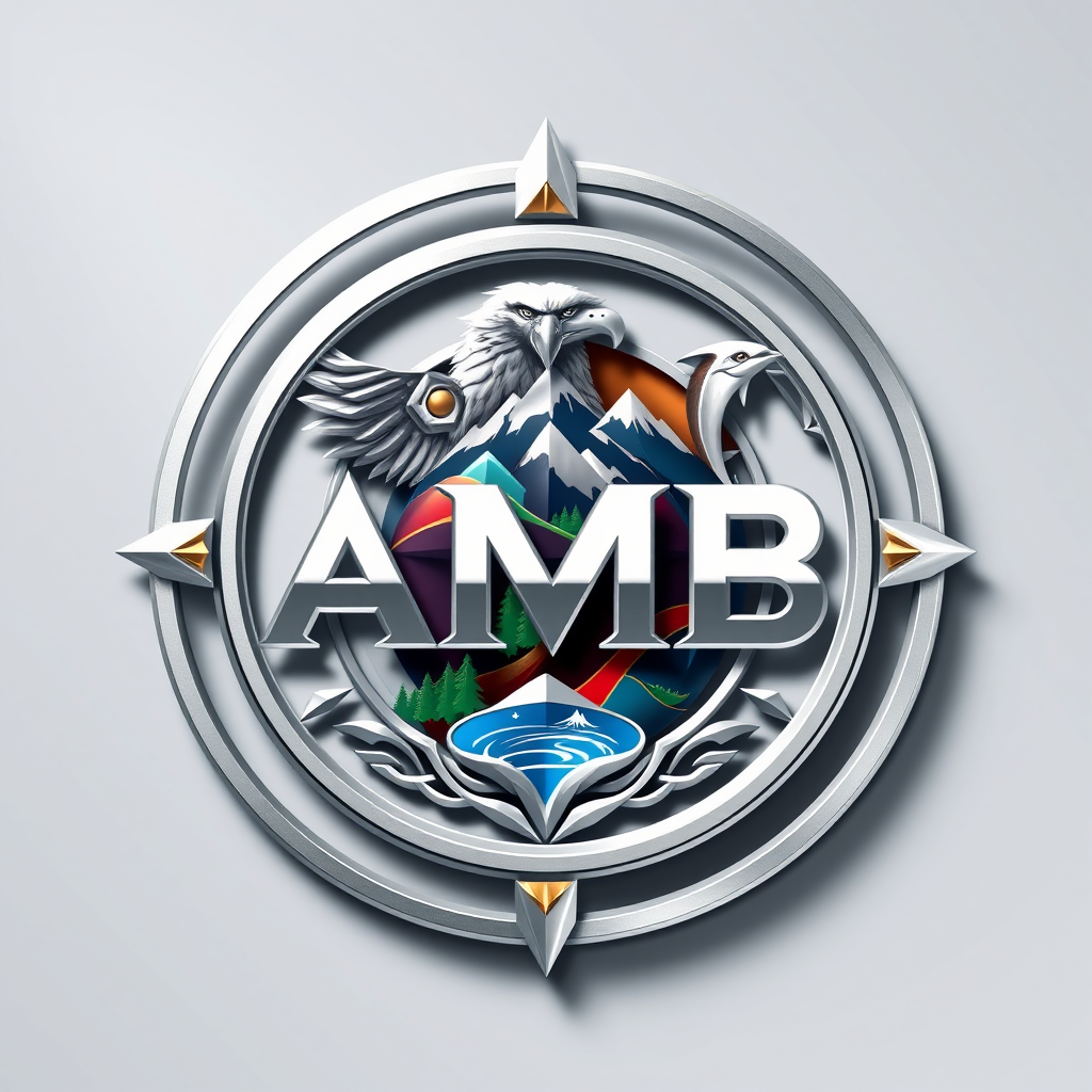 Main logo studio: Create a luxurious futuristic emblem using only the text "AMB". Elegant custom monogram, premium metallic design, realistic artistic detail, powerful 