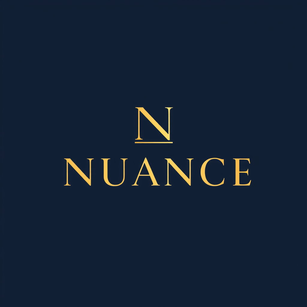 Main logo studio: Luxury minimalist logo for **NUANCE**, premium English education brand. Deep midnight **navy blue background (#071A33)** with elegant **metallic gold 