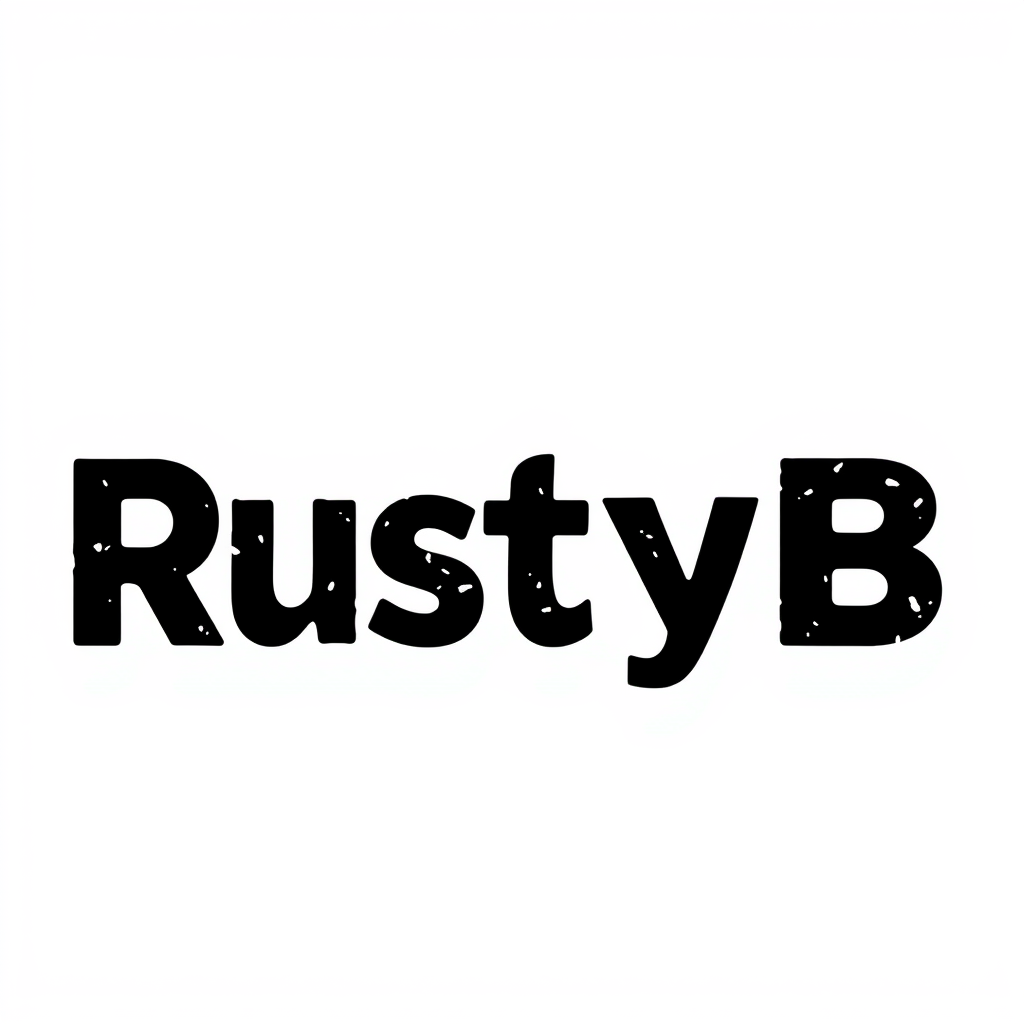 Main logo studio: Logo black and white, "RustyB" no block letters but more kinda cursive but not elegant , letters are black and just white around the letters, and it m