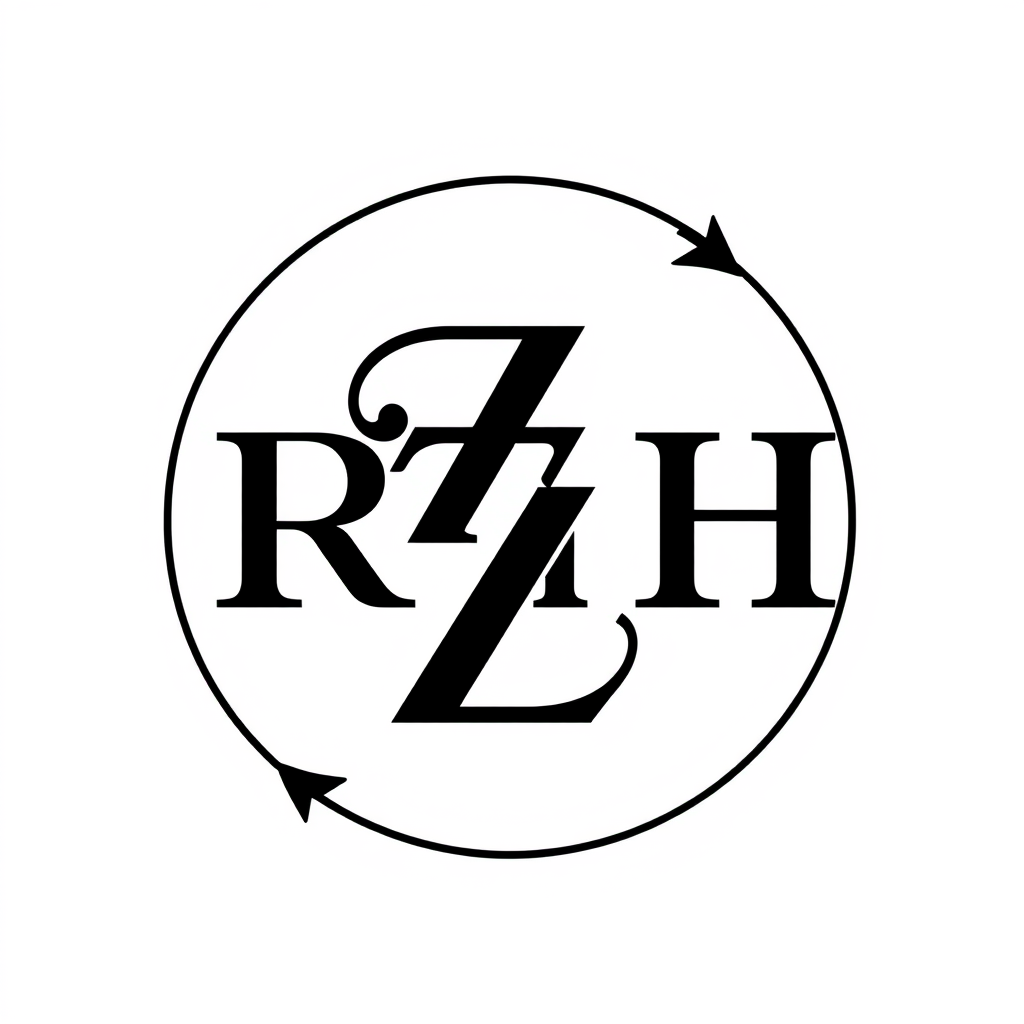 Monogram Logo idea: monogram logo combining the letters Minimalist circular monogram logo using the letters [R+Z+H]. Interlocking letters integrated into a broken circula