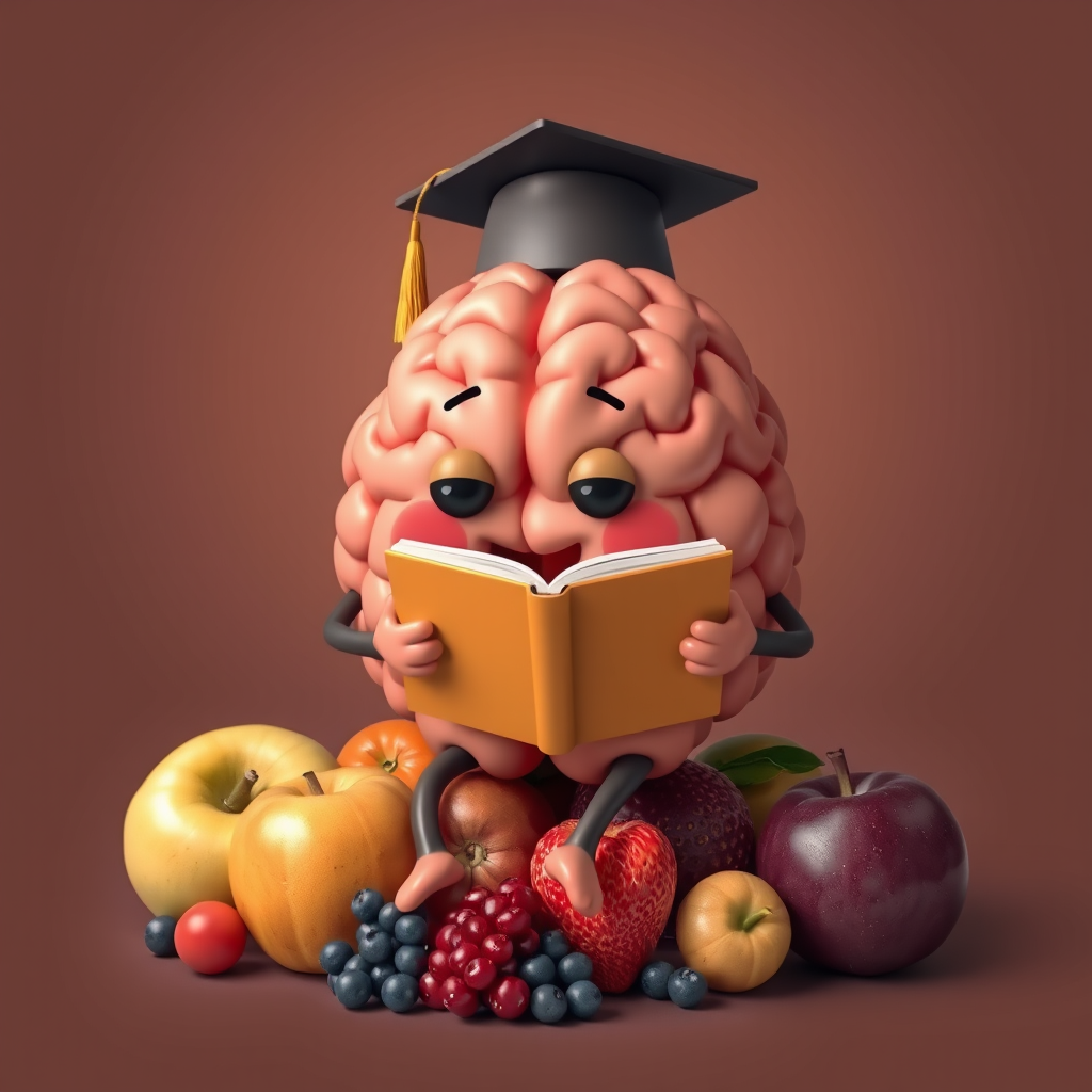 Main logo studio: a cute brain with arms and legs, wearing a graduation cap and reading a book, sitting on a pile of various fruits