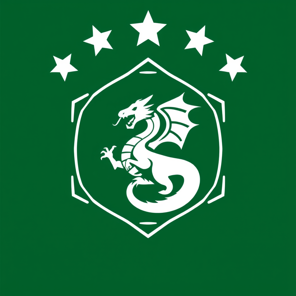 Main logo studio: Logo football avec dragon au centre d'un écusson exagonal et en haut alignés 4 étoiles de coupe du monde et tout ça en doré et blanc