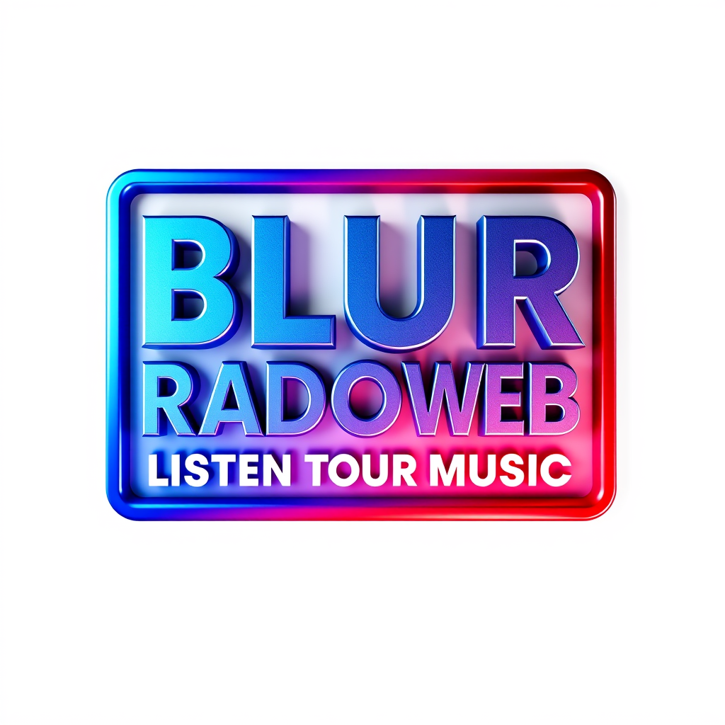 3D Logo idea: 3D logo for BLUERADIOWEB LISTEN TO YOUR MUSIC en blanc dans un rectangle bleu et rouge dégradé , three-dimensional render, realistic depth and shadows