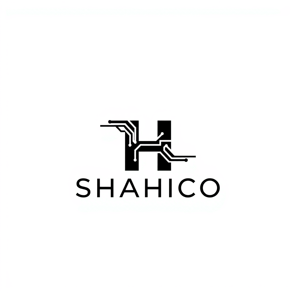 Main logo studio: Design a minimalist wordmark logo for "SHAHICO". Keep the letters clean, simple and highly readable. Transform the middle "H" subtly using industrial