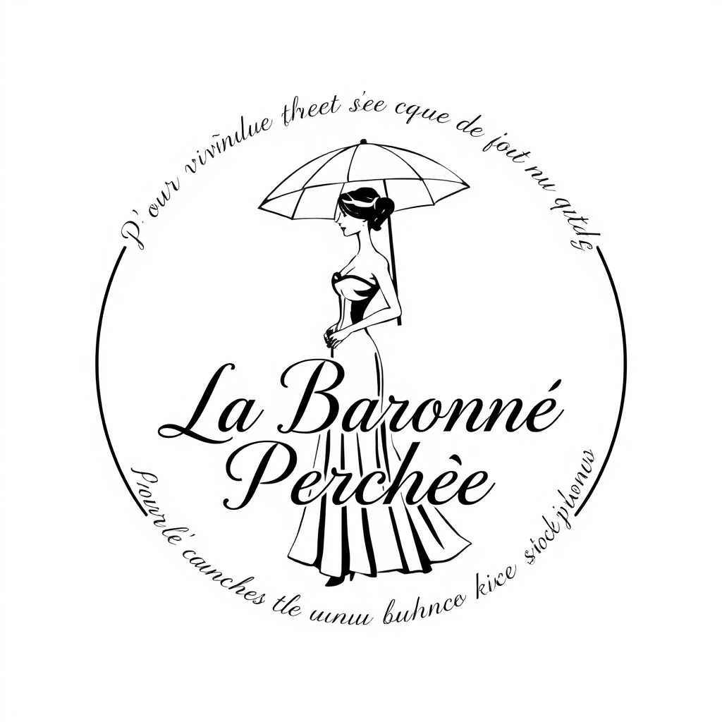 Main logo studio: Crée un logo élégant. Au centre : « La Baronne Perchée » en écriture manuscrite calligraphiée, lisible, avec L, B et P en majuscules. Le slogan écrit 