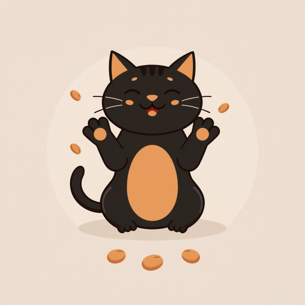 Main logo studio: Cute black cat sitting upright, natural cat anatomy, playfully throwing brown beans with both front paws. The beans are visibly leaving the paws and f