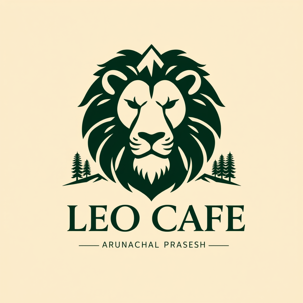 Main logo studio: Minimal premium logo. Lion head with Himalayan mountains and pine trees. Dark forest green and cream. Clean simple vector style. Text: “LEO CAFE”. Sma