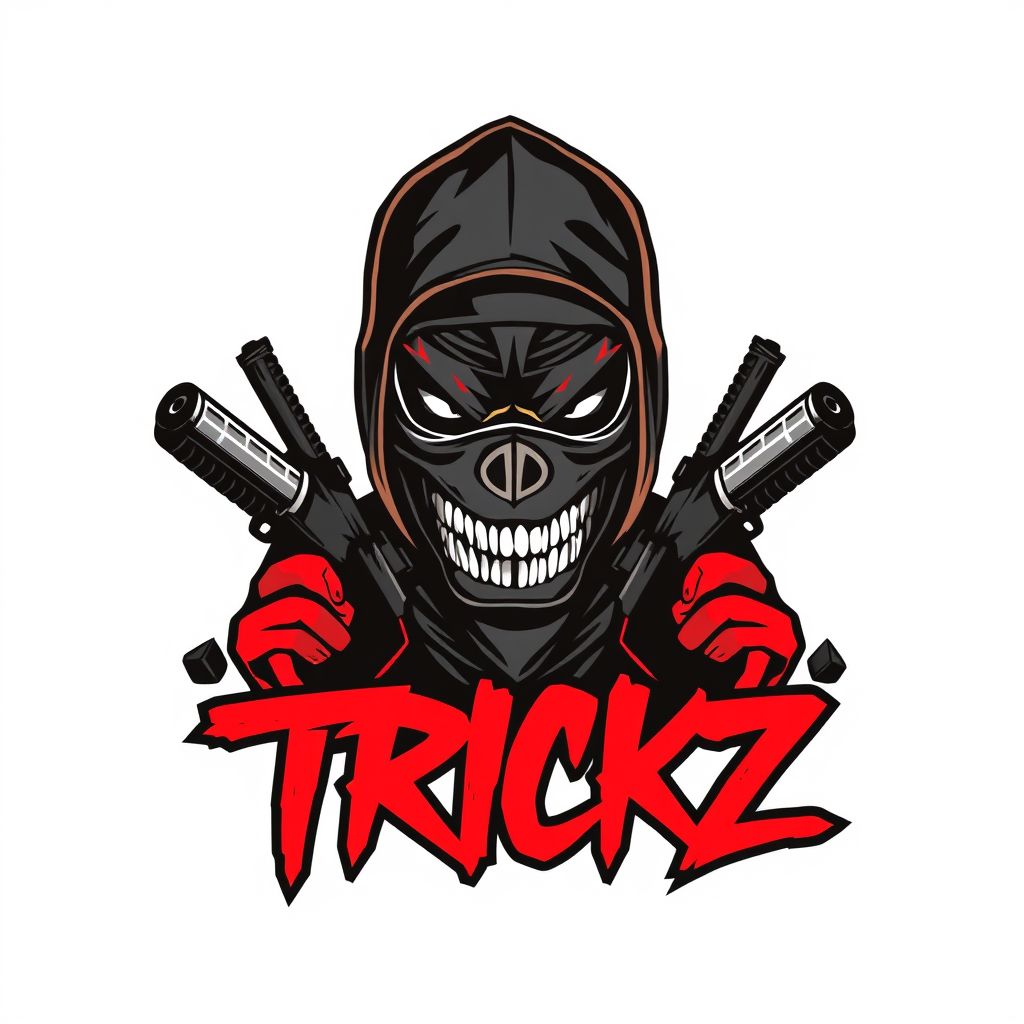 Main logo studio: “TRICKZ, Streetwear group logo, gangster with half mask, piercing eyes, toy guns and subtle elements of death or tryhard, crimson, aggressive graffiti