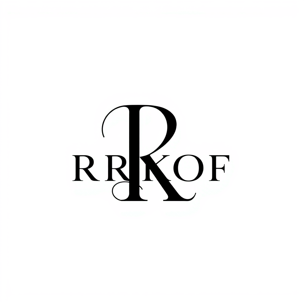 Monogram Logo idea: monogram logo combining the letters RRKOF , elegant intertwined letterforms, flat vector logo, centered, solid white background, high contrast, luxury