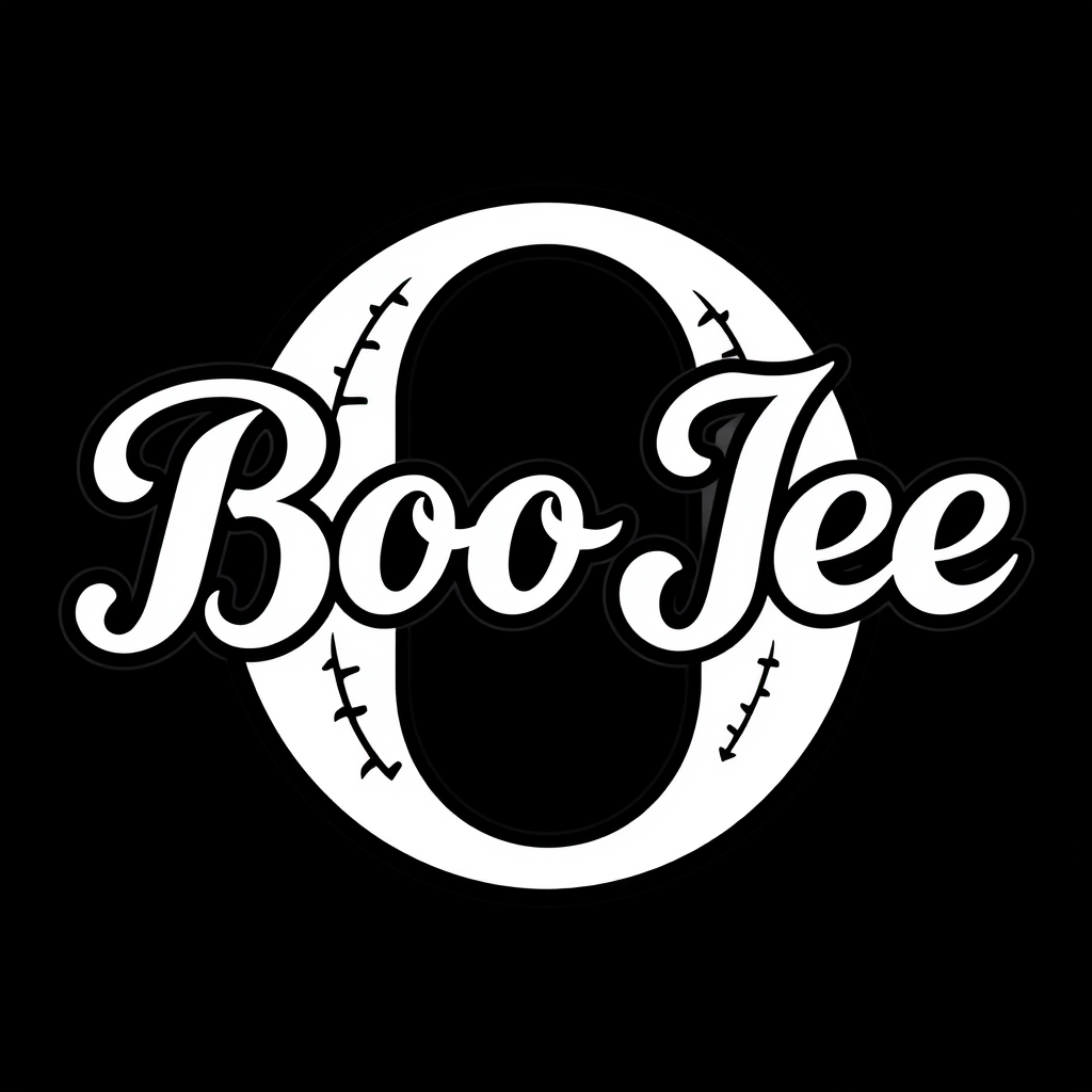 Main logo studio: BooJee monogram logo, all letters tightly interlocked, vintage American baseball style, bold curved lettering, black and white, compact emblem, origin