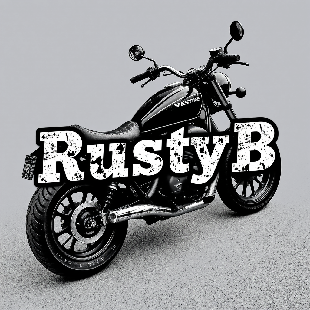 Main logo studio: "RustyB" on black and White, with a black metal font, motorbike style font, non stampatello