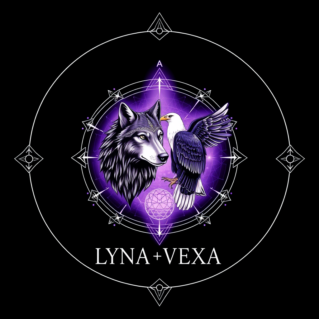 Main logo studio: Black background with LYNA VEXA in thin elegant white letters. A majestic wolf and condor in the center, surrounded by subtle purple aura, white light