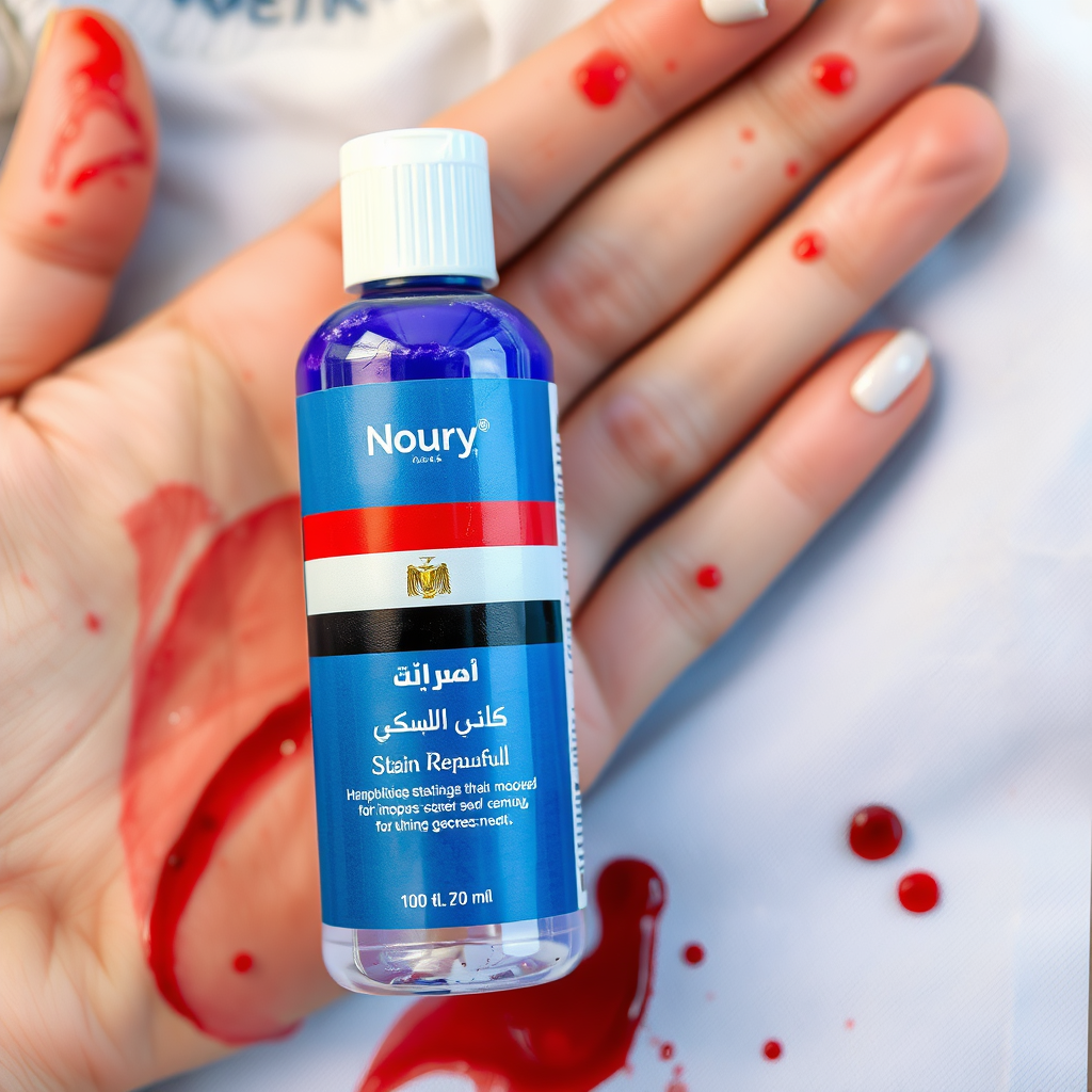 Main logo studio: I need a brand called Noury: in Arabic stain remover for blood and stains and picture of blood from pad, and from hand like dr beckman but egyptian on