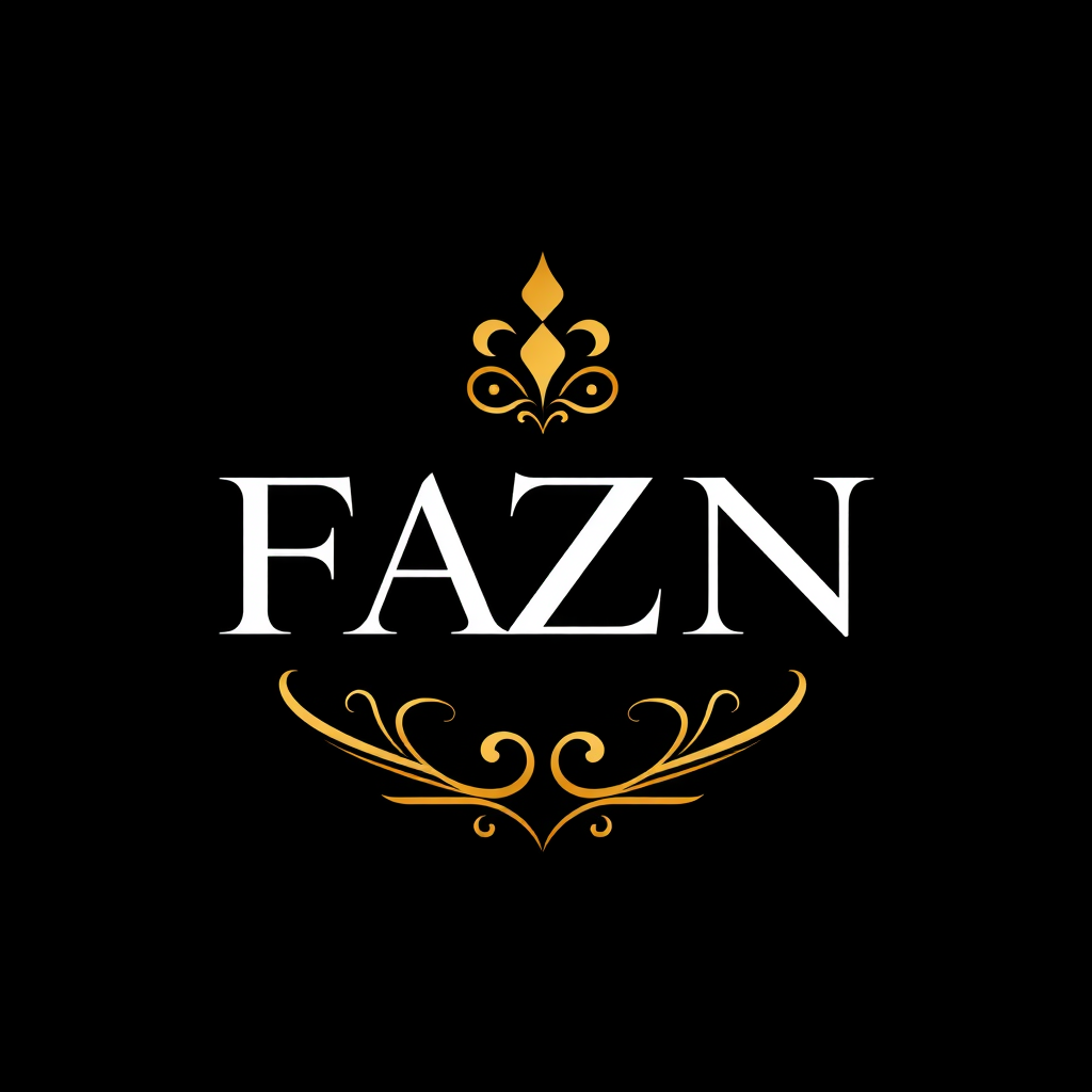 Main logo studio: elegant monogram logo combining letters FAZN gold, luxury brand “Create a logo for my brand named FAZN . background COLOR SHOULD BE BLACK AND WHITE