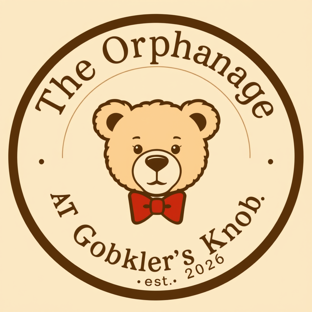 Main logo studio: a circular crest with a light tan teddys bear's face and red bow tie in the center. Arch "The Orphanage" over the top and "At Gobbler's Knob" arched a