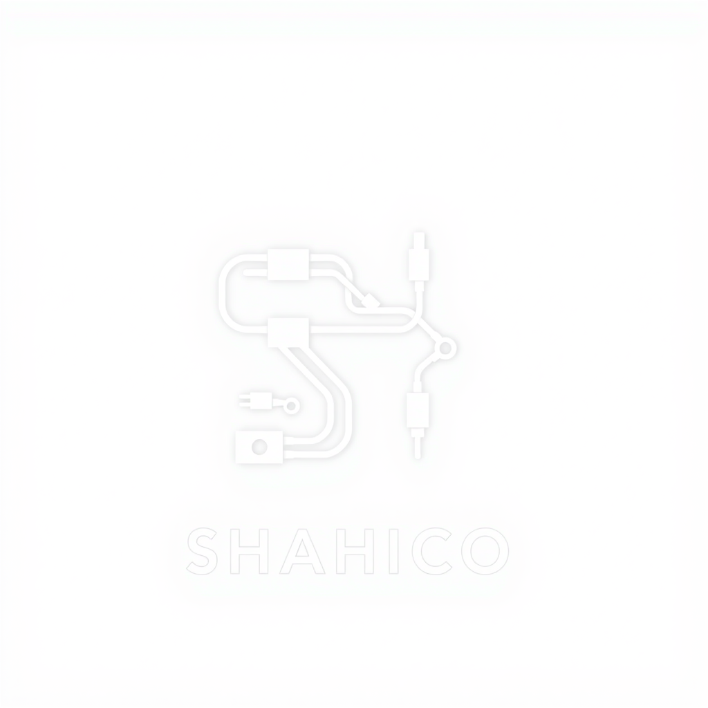 Main logo studio: Design a unique minimalist logo for "SHAHICO", an industrial electrical brand. Build the "SH" monogram using simplified electrical wires, terminals an