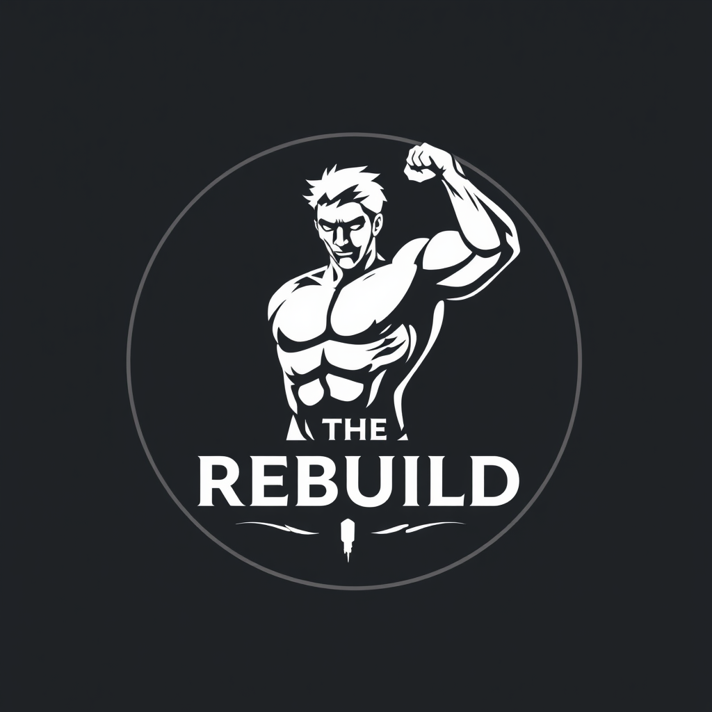 Main logo studio: Iconic luxury logo for THE REBUILD. One broken, battle-worn human figure gradually emerging into a stronger, refined version of himself — symbolizing 