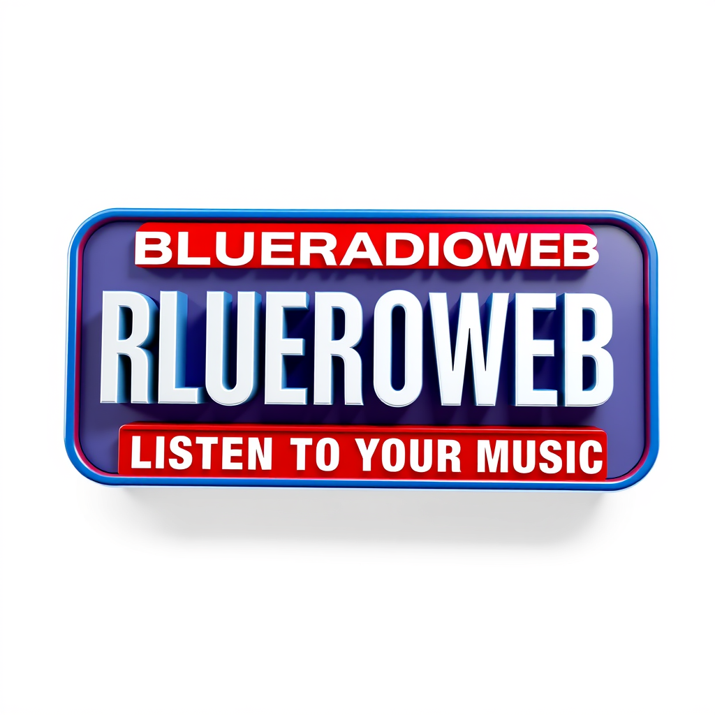 3D Logo idea: 3D logo for Générer un logo radio 3D au nom de BLUERADIOWEB écrit en blanc dans un cadre de couleur bleu foncé avec le slogan LISTEN TO YOUR MUSIC écr