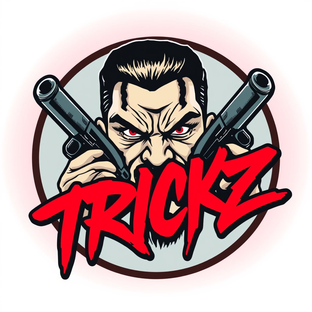 Main logo studio: “TRICKZ, Streetwear group logo, Pablo Escobar, piercing eyes, toy guns and subtle elements of death or tryhard, crimson, aggressive graffiti typograph