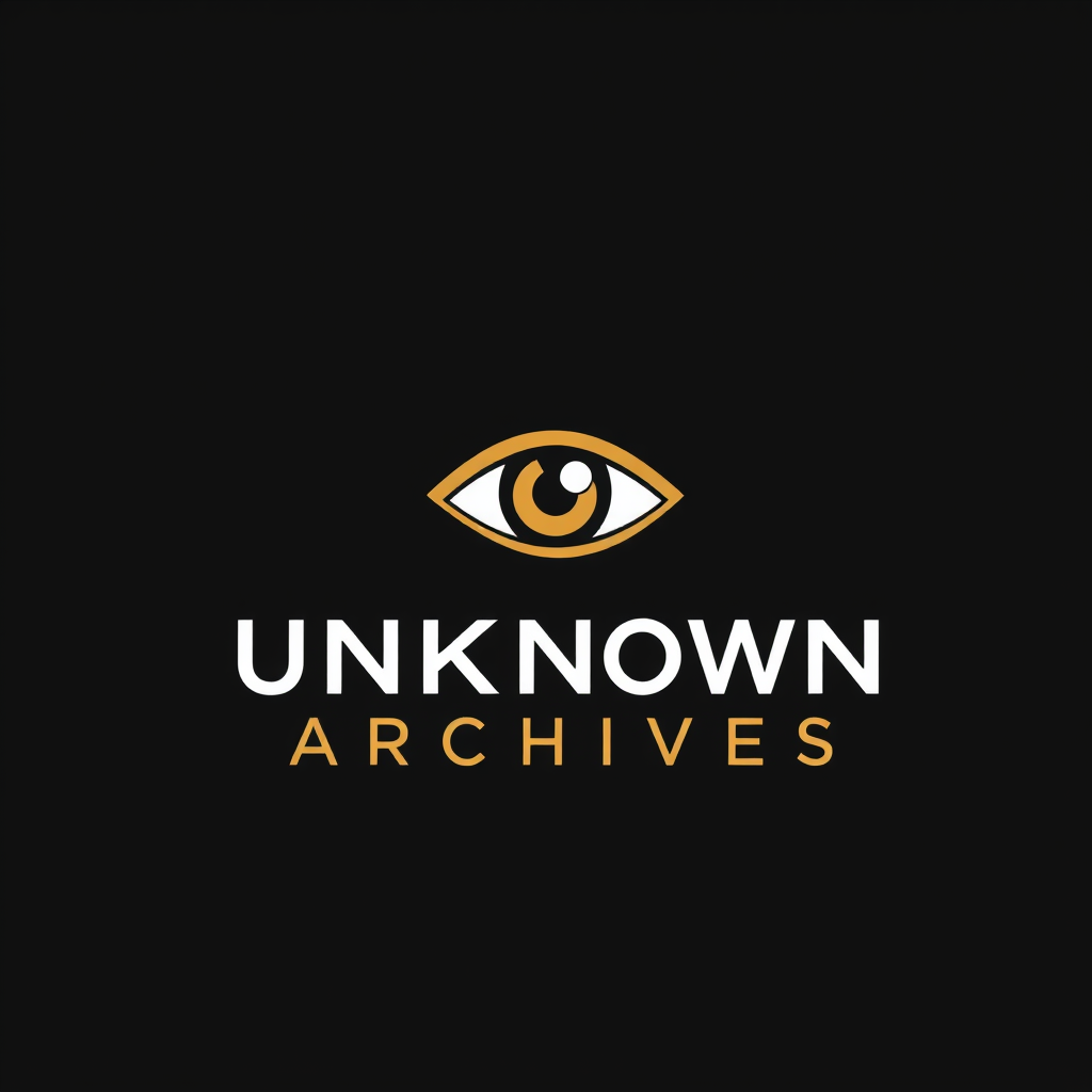 Main logo studio: Create a professional logo for “UNKNOWN ARCHIVES”. A simple mysterious eye hidden inside an ancient archive symbol, dark black background, white and g