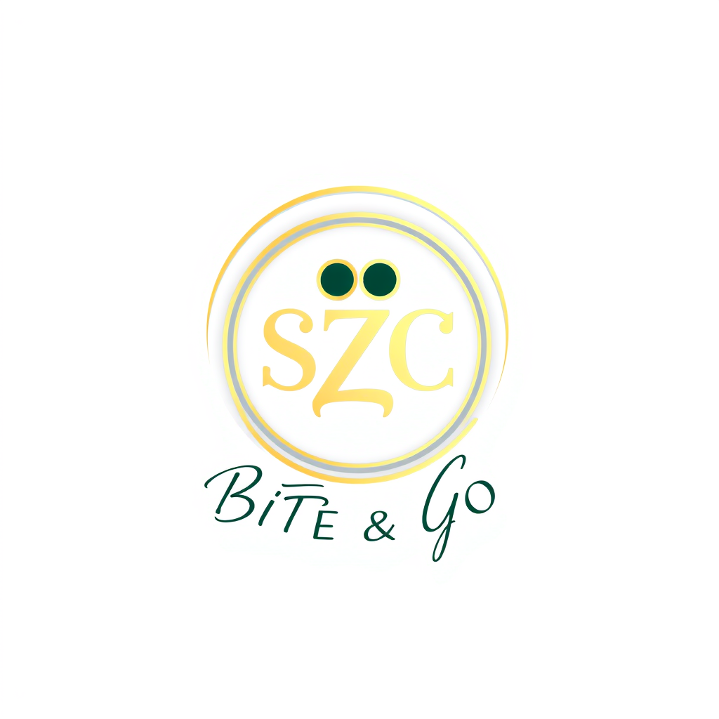 Main logo studio: Elegant premium logo for SZC BITE & GO, circular gold emblem with a refined SZC monogram. Elegant luxury handwritten lettering for BITE & GO. White ba