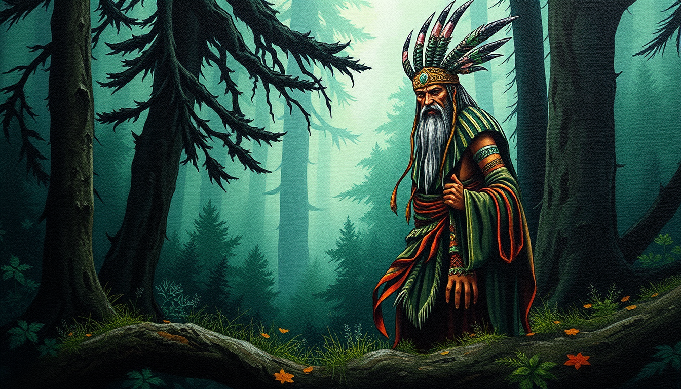 Main logo studio: Create a very small image of a shaman, using forest colors.foul