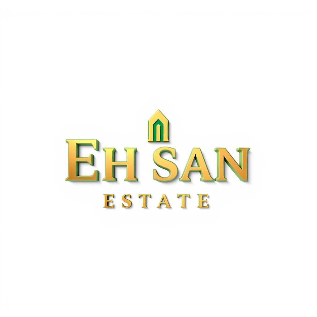 3D Logo idea: 3D logo for campany name is Ehsan Estate, a Property developer, createa a logo with color emarald green and Ehsan Estate wording in champagne gold , t