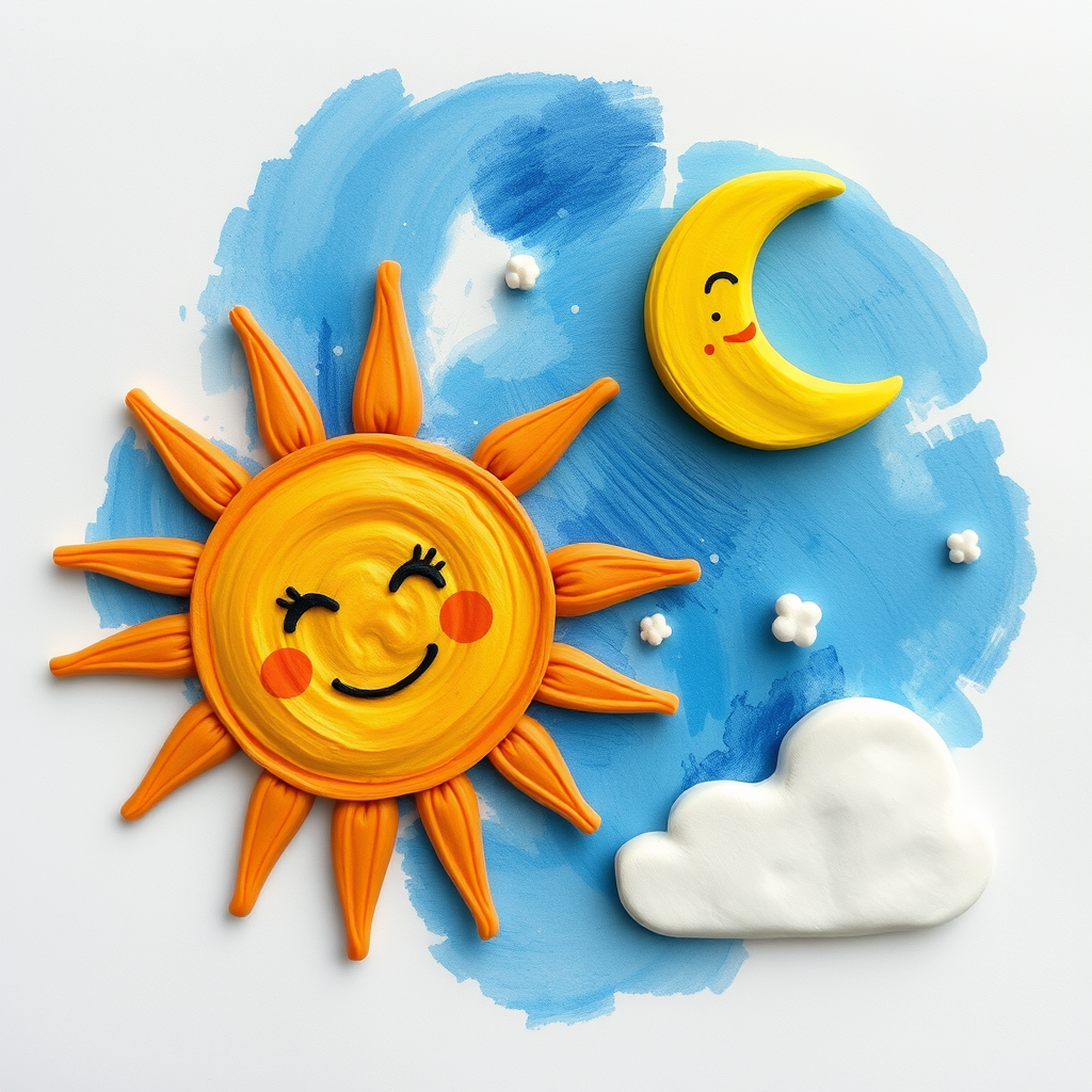 Main logo studio: make it like a kid has drawn a sun and a moon clay mation style
