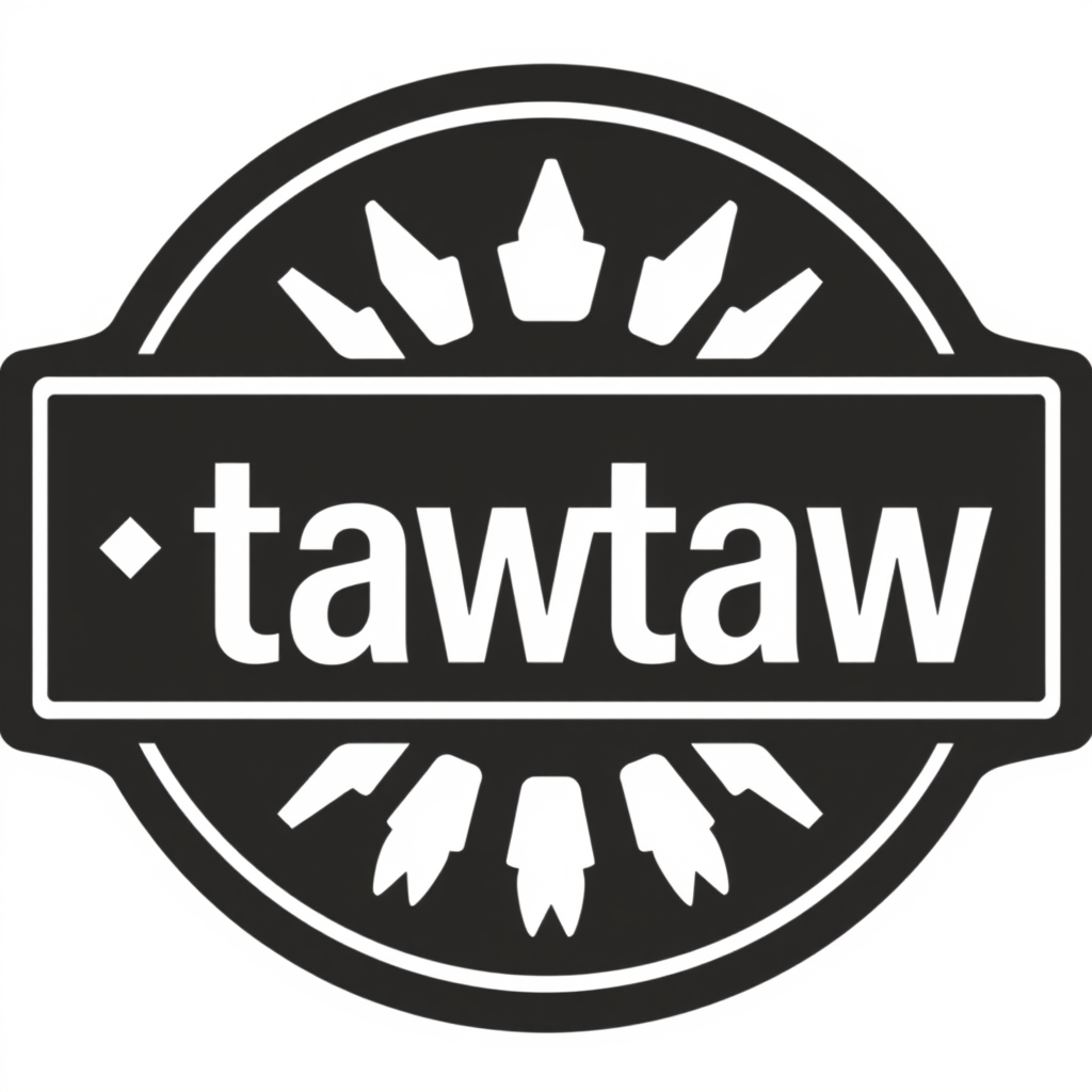 Badge Logo idea: badge logo for Shop logo named tawtaw , bold badge design, text enclosed in a rounded rectangular or circular badge shape, thick border, clean typogra
