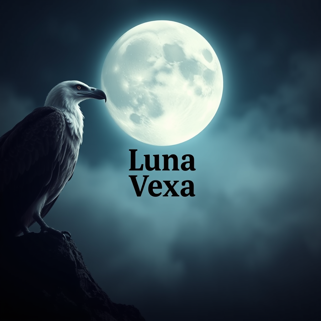 Main logo studio: Mystical YouTube banner: condor and grey wolf under a full moon, dark cinematic style, mystical fog. “Luna Vexa” in the center.