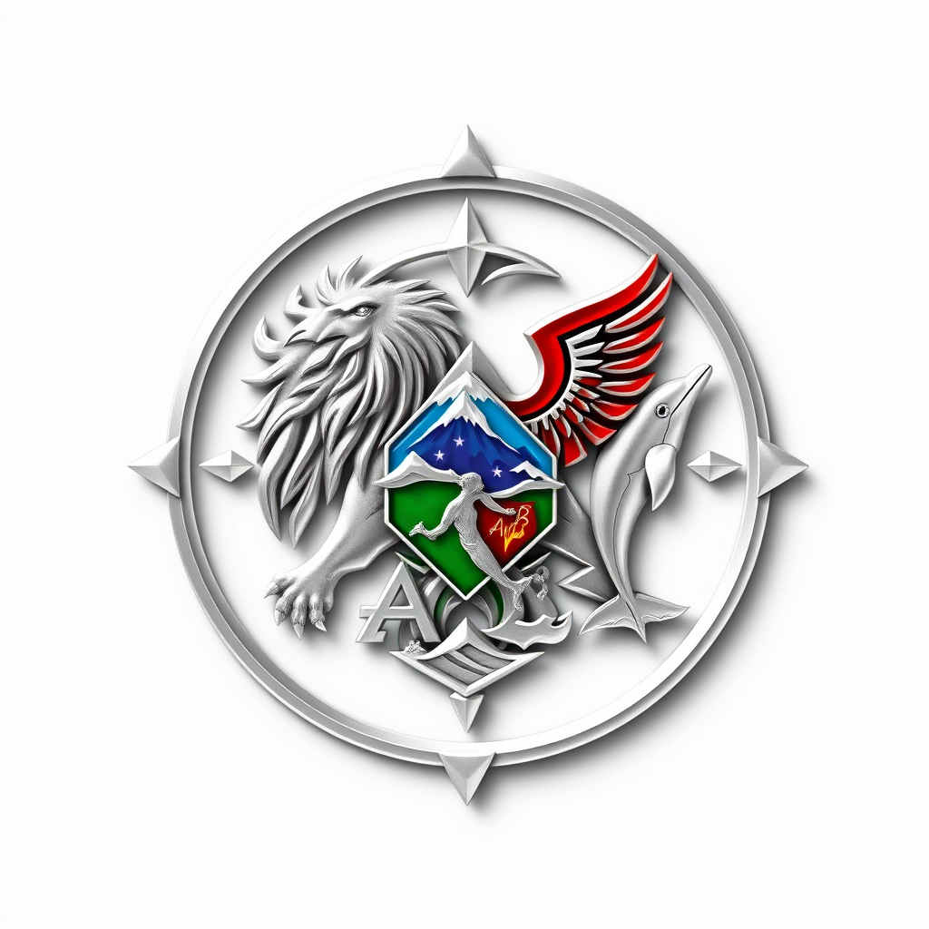 Main logo studio: Luxury futuristic emblem with only "AMB". Make all symbols highly realistic: majestic lion, eagle, dolphin, human figure symbolizing humanity, moderni